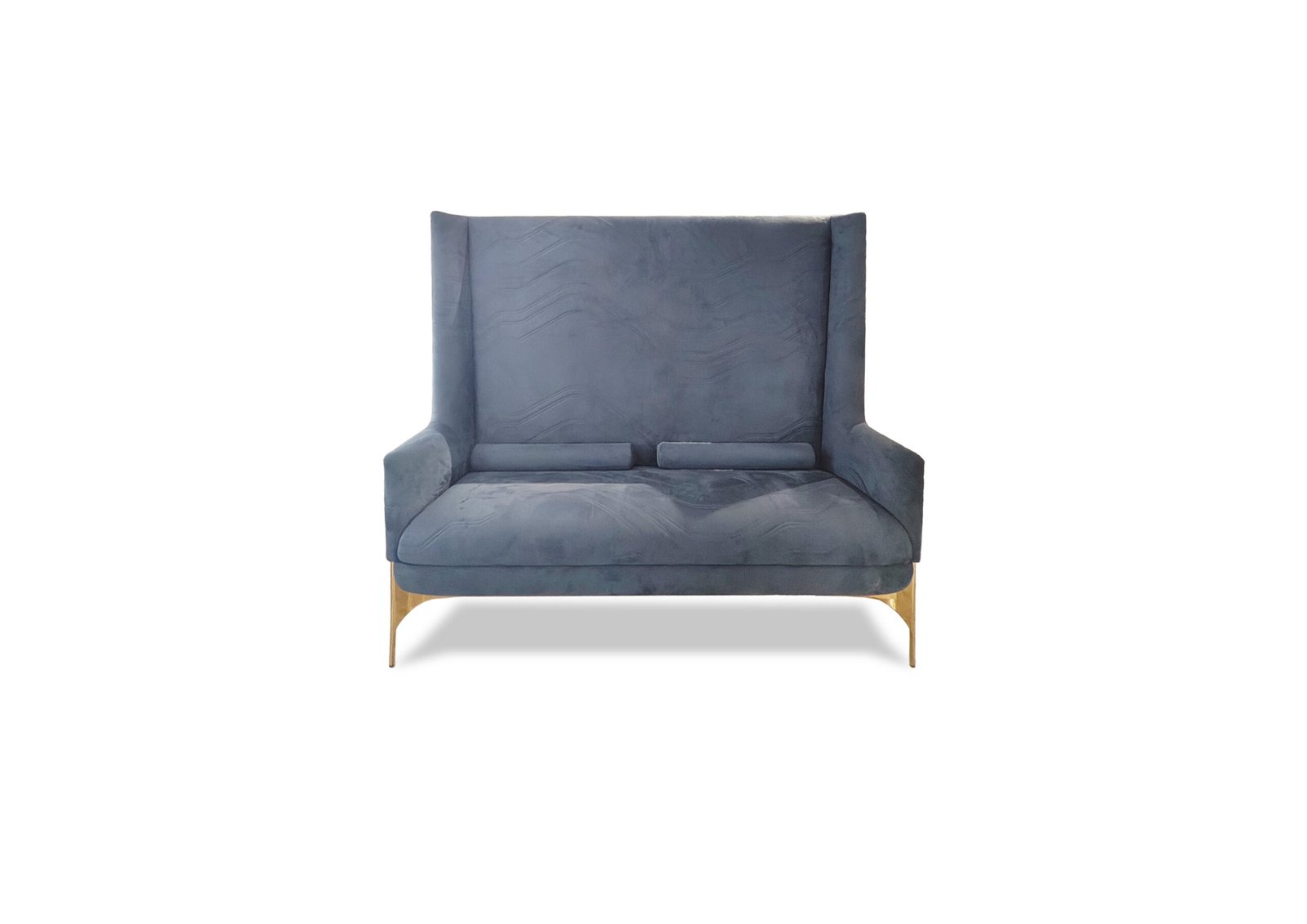 High back velvet armchair blue luxury statement chair gold legs hospitality furniture boutique hotel lobby commercial design