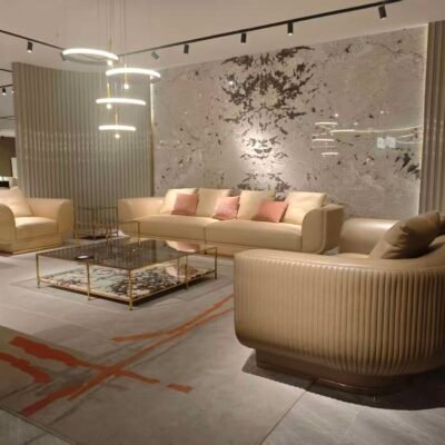 Luxury modular seating arrangement in contemporary styled living room with neutral beige sofa and modern decor