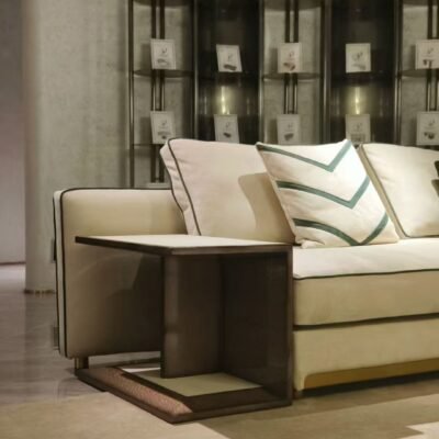 Suede leather texture close-up corner sofa hidden storage hardware joint residential grade premium upholstery