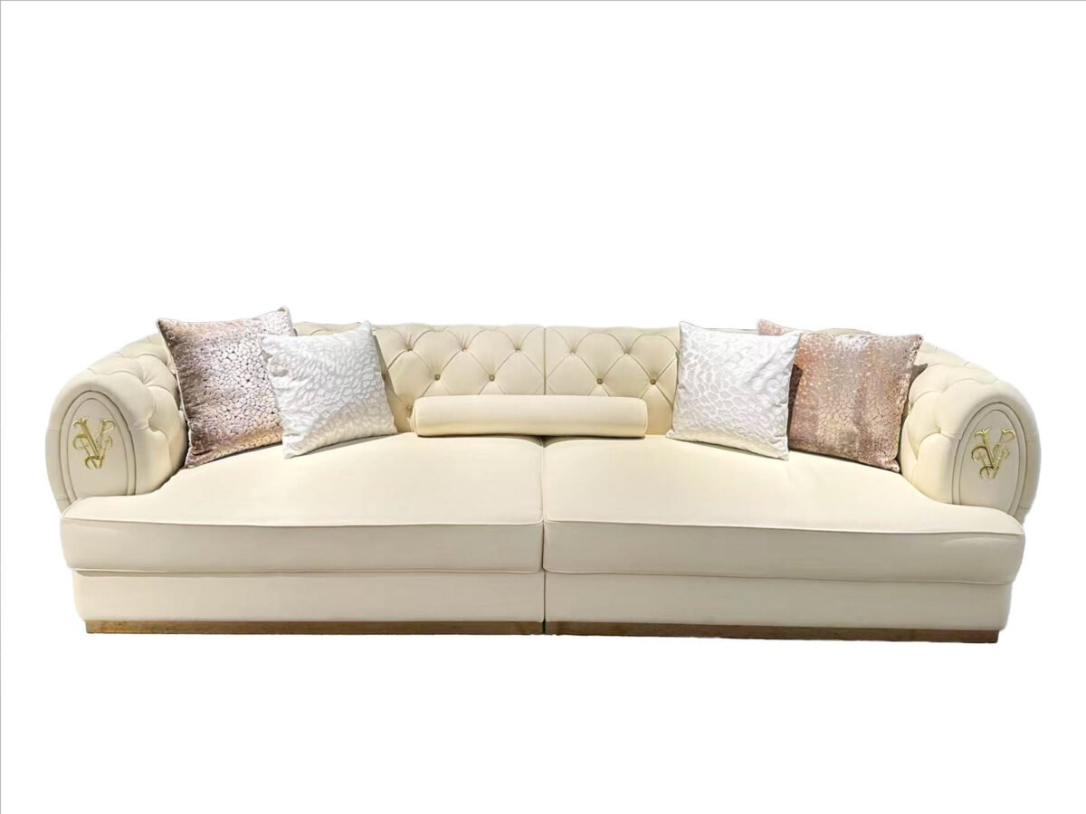 White leather sofa gold trim luxury brass accent hospitality furniture full genuine leather commercial design boutique hotel presidential suite