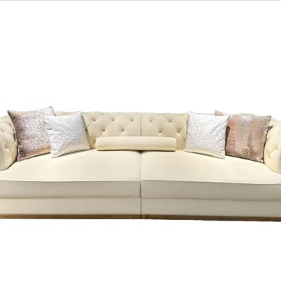 White leather sofa gold trim luxury brass accent hospitality furniture full genuine leather commercial design boutique hotel presidential suite