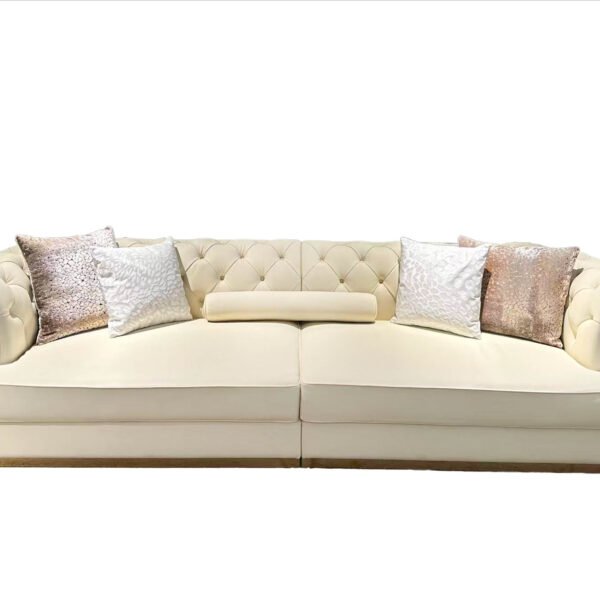 White leather sofa gold trim luxury brass accent hospitality furniture full genuine leather commercial design boutique hotel presidential suite