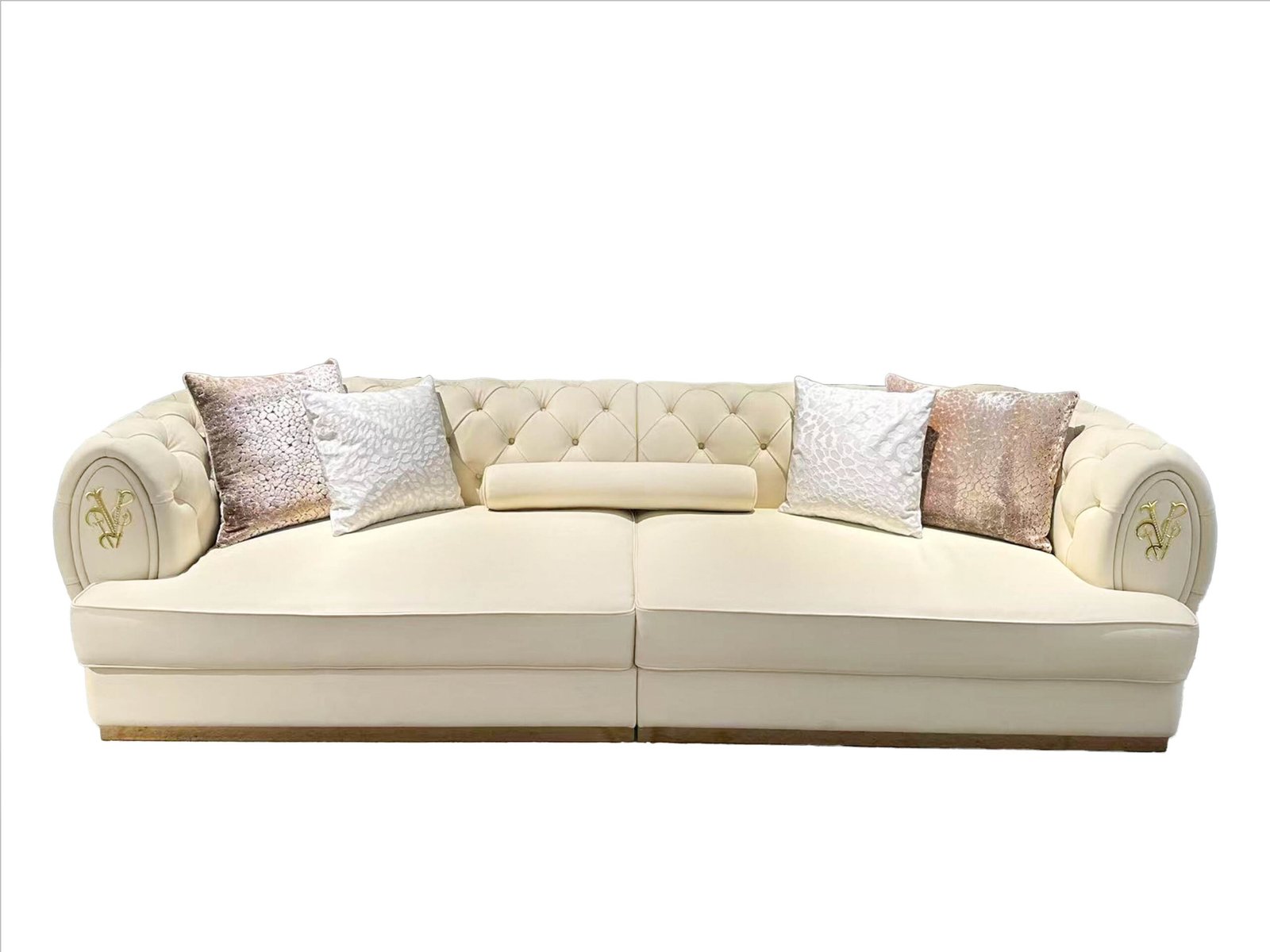 White leather sofa gold trim luxury brass accent hospitality furniture full genuine leather commercial design boutique hotel presidential suite