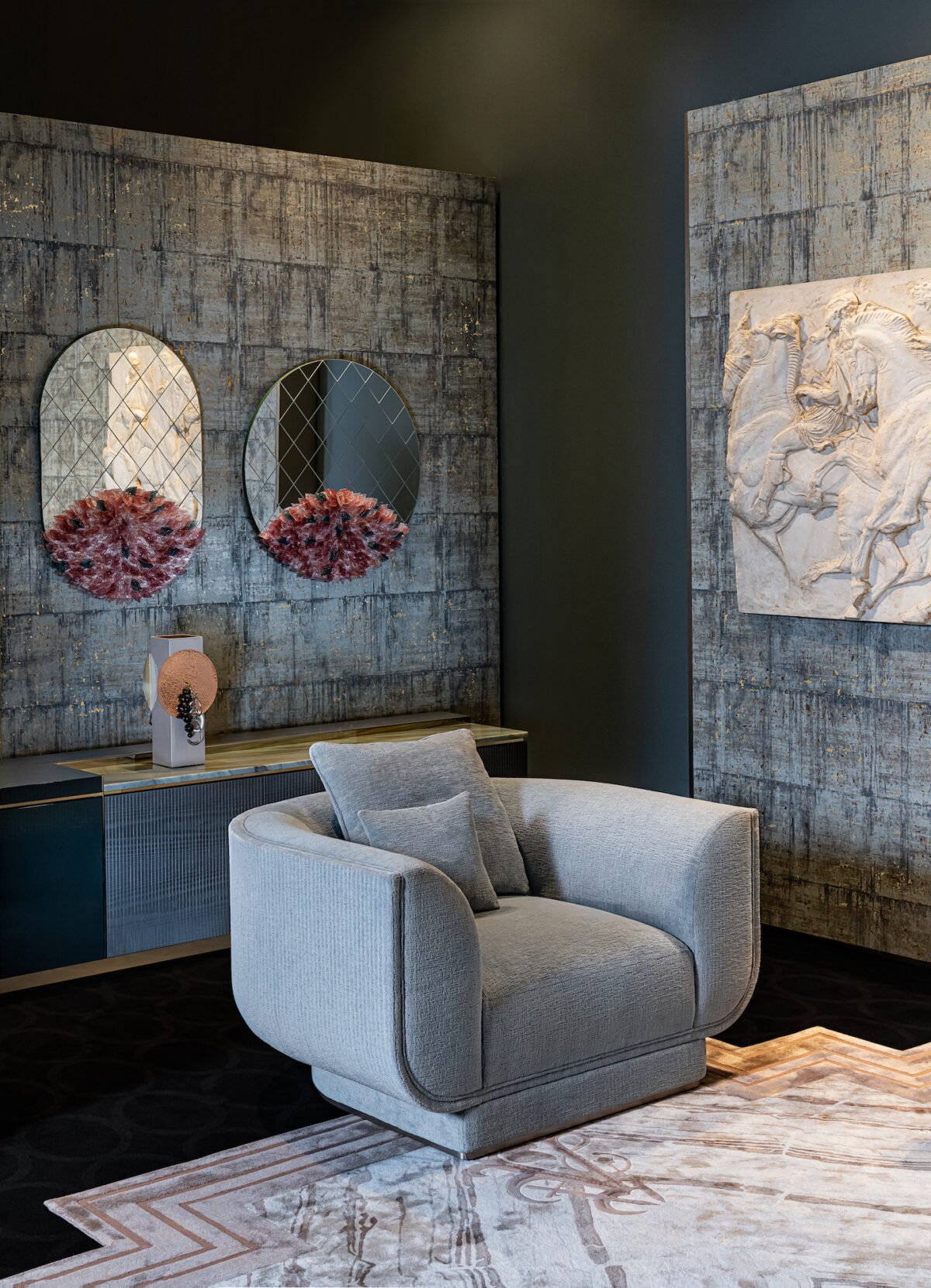 Beige velvet modern chair boutique hotel suite living area luxury wide furniture hospitality interior contemporary residential oversized seating