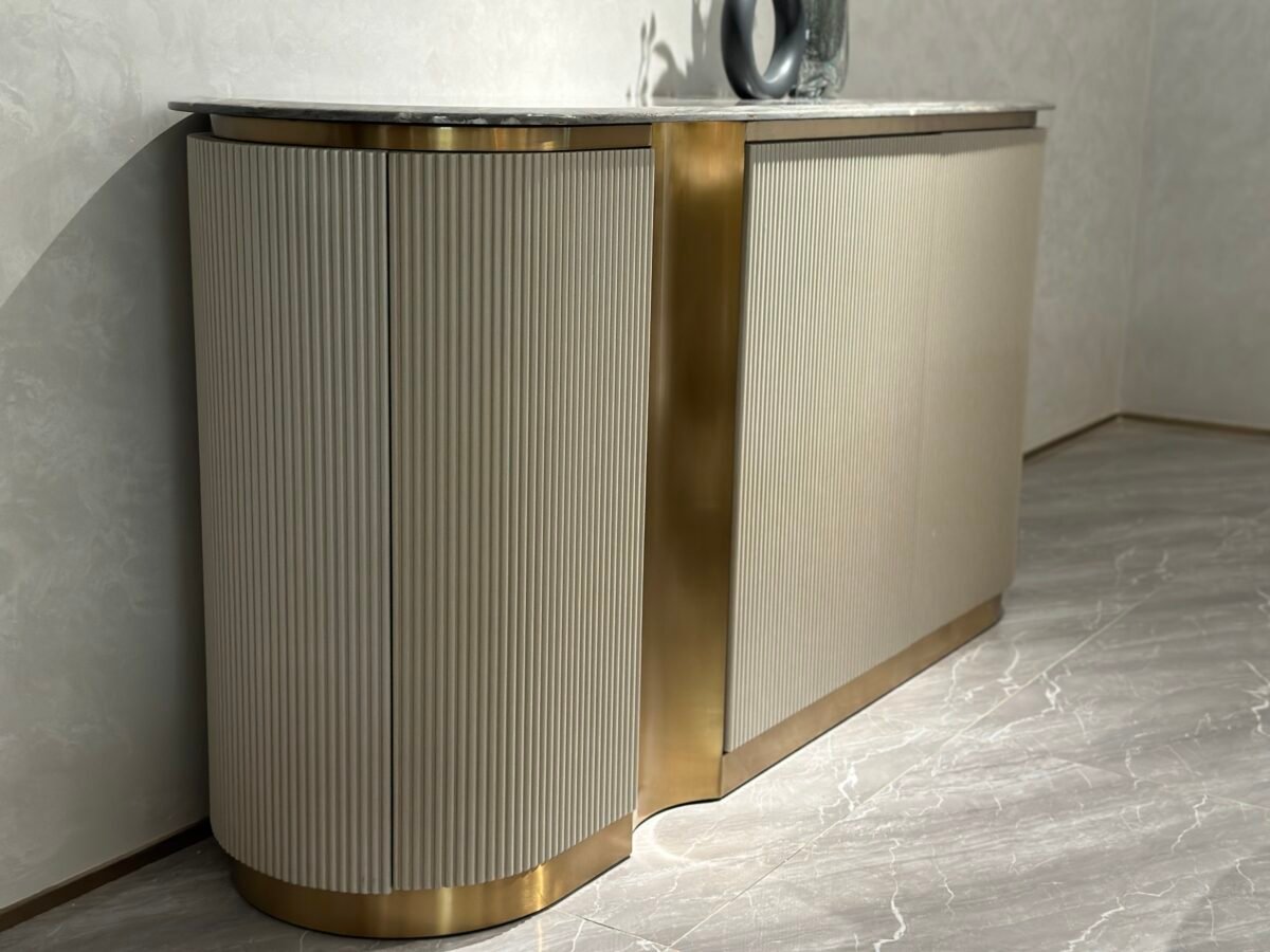 Modern entertainment cabinet installed in luxury hospitality suite with contemporary TV cabinet solution styling and equipment