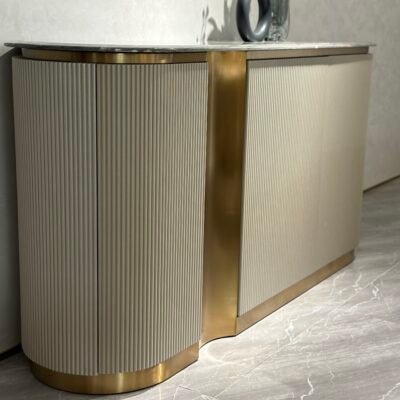 Modern entertainment cabinet installed in luxury hospitality suite with contemporary TV cabinet solution styling and equipment