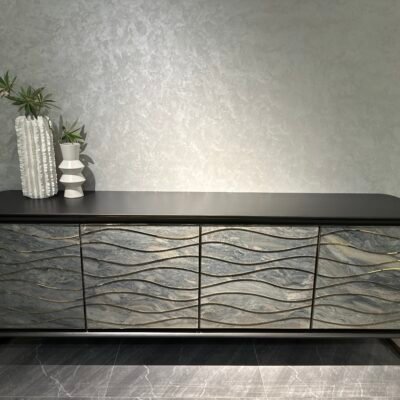Modern sideboard cabinet luxury dining room setting bronze wave pattern buffet hospitality interior design restaurant application