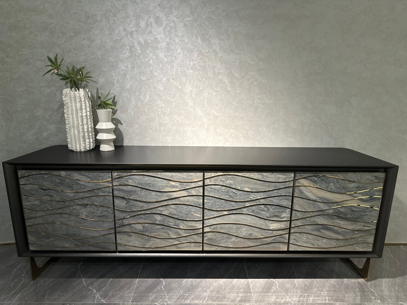 Modern sideboard cabinet luxury dining room setting bronze wave pattern buffet hospitality interior design restaurant application