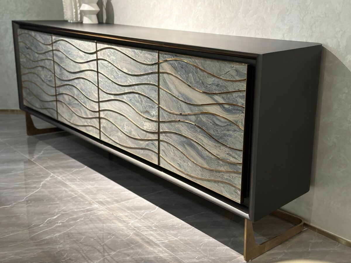 Bronze gold sideboard close up Silk Road veneer detail wave texture pattern luxury furniture craftsmanship commercial grade