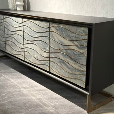 Bronze gold sideboard close up Silk Road veneer detail wave texture pattern luxury furniture craftsmanship commercial grade