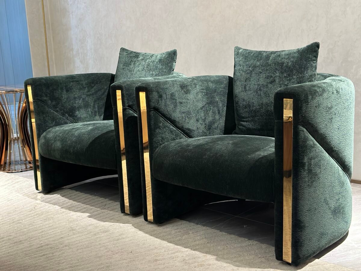 Green velvet accent chair multiple angles views wooden frame dimensions gold trim specification commercial hospitality furniture contract