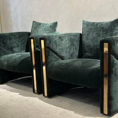Green velvet accent chair multiple angles views wooden frame dimensions gold trim specification commercial hospitality furniture contract