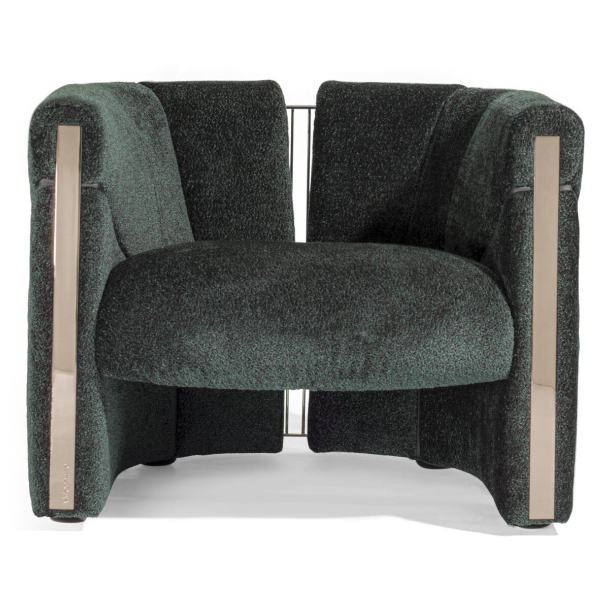 Green velvet accent chair luxury gold trim wooden frame contemporary hospitality furniture boutique hotel commercial design armchair