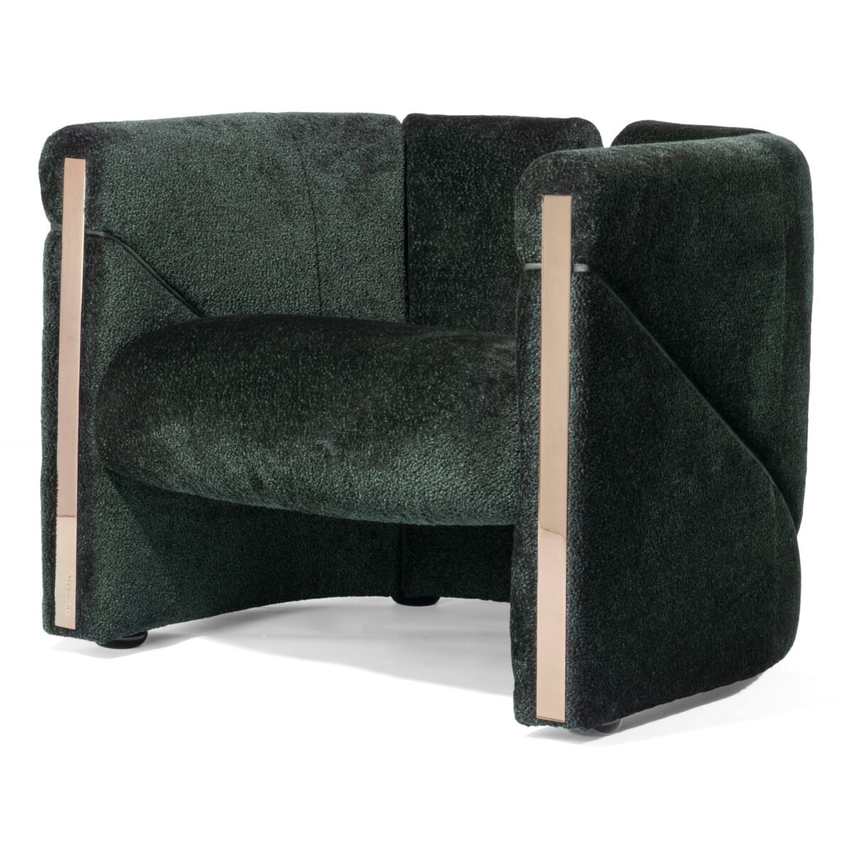 Green velvet accent chair luxury gold trim wooden frame contemporary hospitality furniture boutique hotel commercial design armchair
