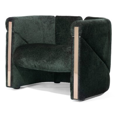 Green velvet accent chair luxury gold trim wooden frame contemporary hospitality furniture boutique hotel commercial design armchair