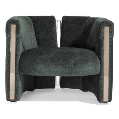 Green velvet accent chair luxury gold trim wooden frame contemporary hospitality furniture boutique hotel commercial design armchair