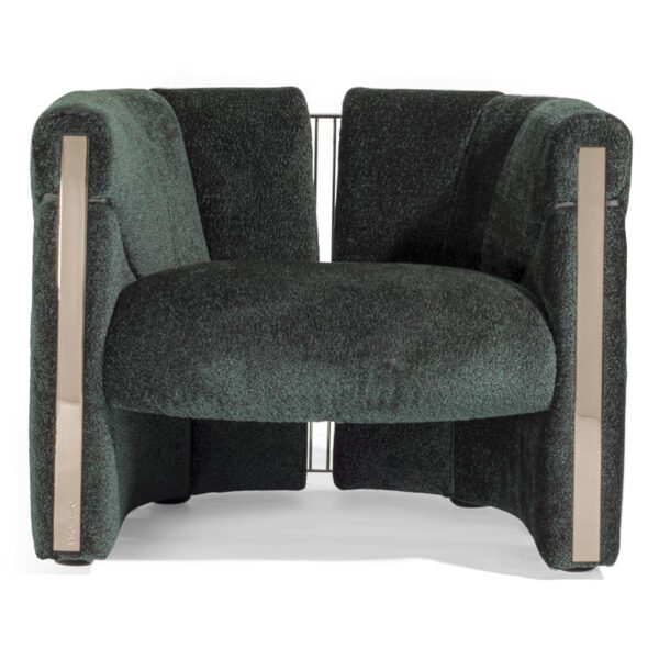 Green velvet accent chair luxury gold trim wooden frame contemporary hospitality furniture boutique hotel commercial design armchair