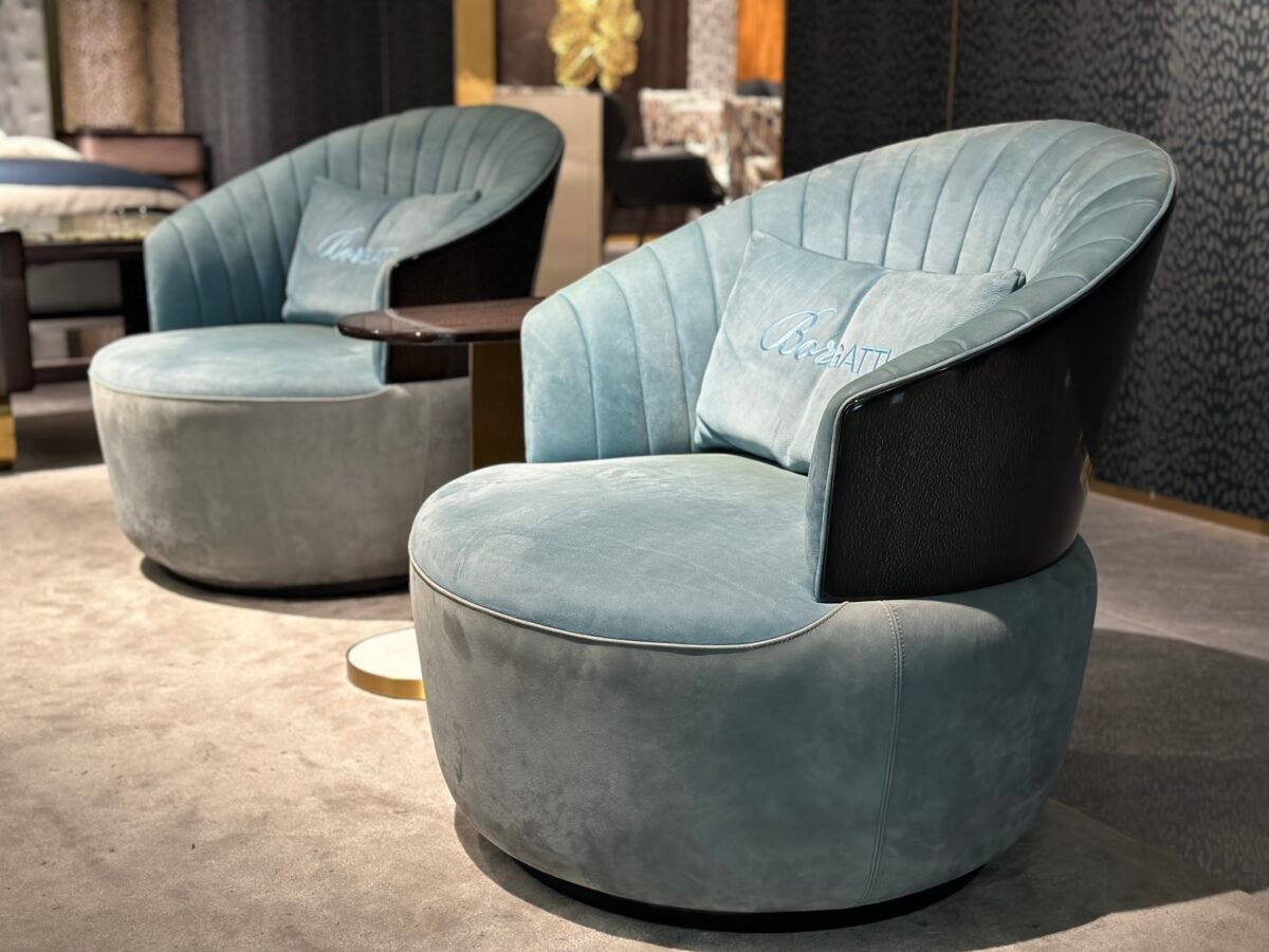 Blue Leather Armchair Multiple Angles Comprehensive Specification View