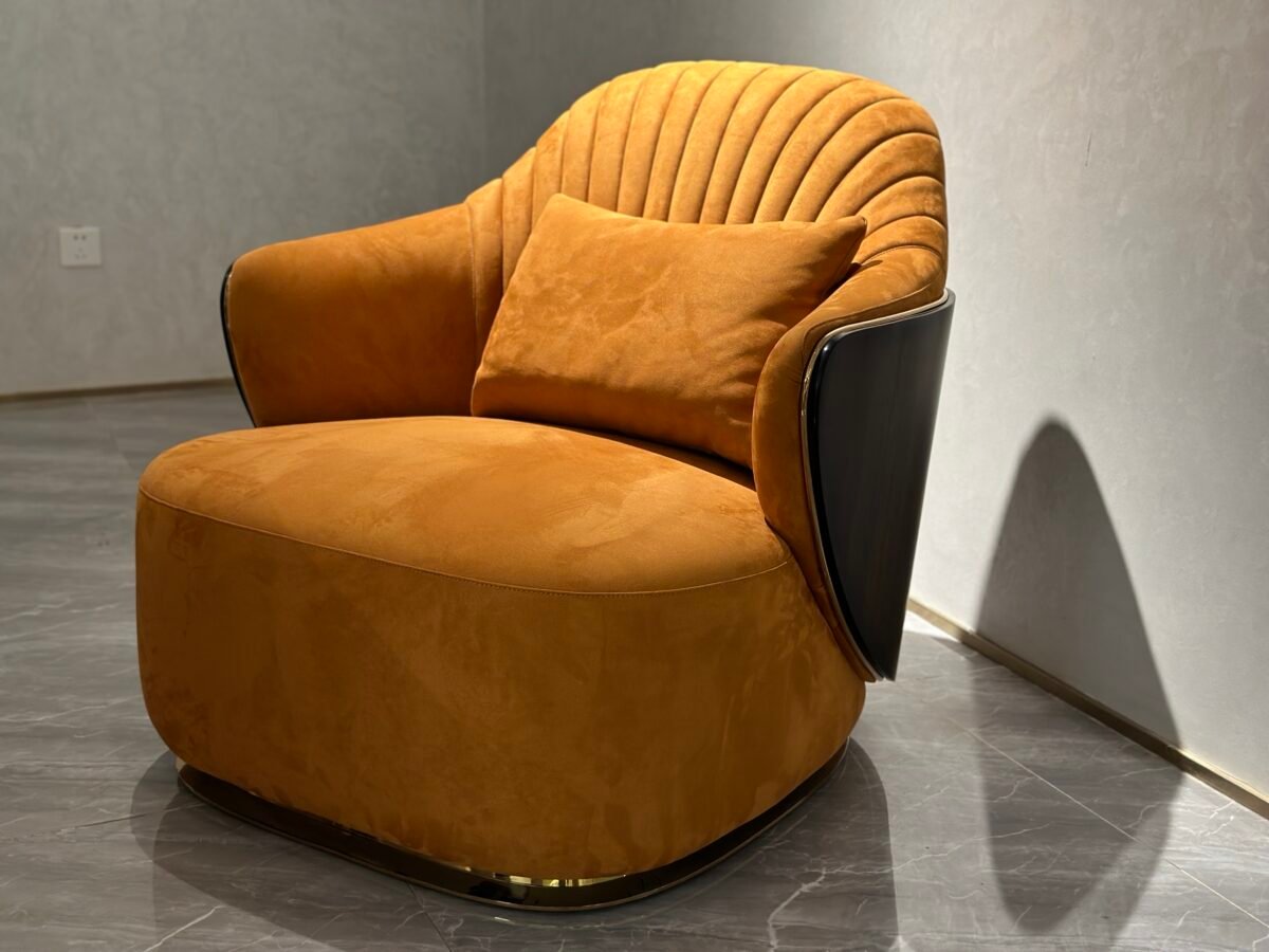 Beige leather lounge chair embroidered back panel luxury hospitality furniture genuine leather blend contemporary design neutral accent chair