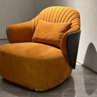 Beige leather lounge chair embroidered back panel luxury hospitality furniture genuine leather blend contemporary design neutral accent chair