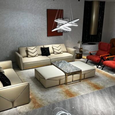 Contemporary home seating furniture – genuine leather luxury sofa in modern styled living room setting