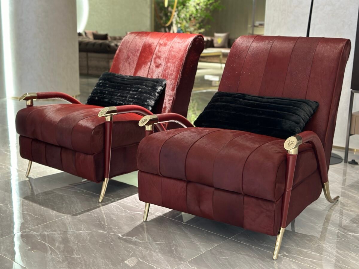 Red leather armchair multiple angles views horsehair leather dimensions gold legs specification commercial hospitality furniture contract bold