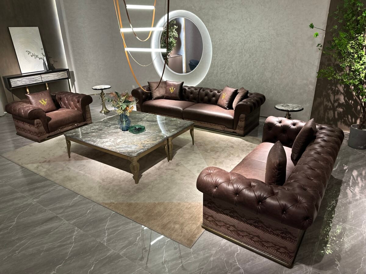 Solid wood base sectional sofa showing 20cm unit division and full 1+1+2+4 configuration layout