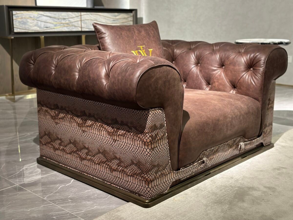 Waxed genuine leather luxury sofain rich brown with gold lettering and snakeskin trim detail