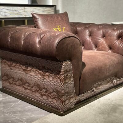 Waxed genuine leather luxury sofain rich brown with gold lettering and snakeskin trim detail