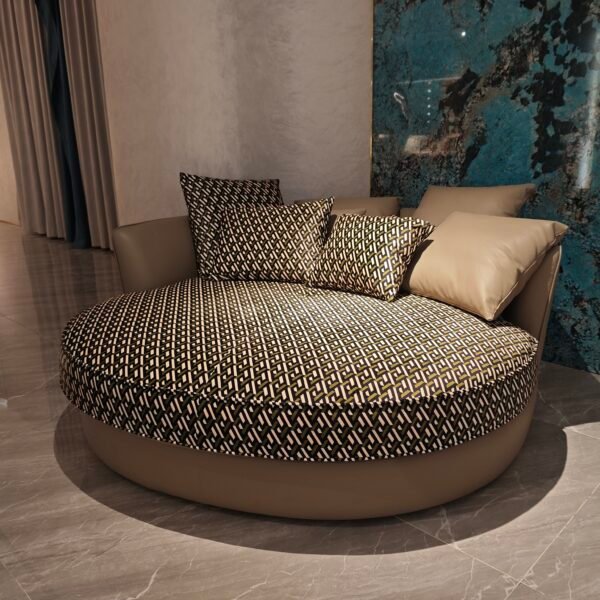 Round recliner lounge furniture boutique hotel lobby interior circular social seating black white pattern hospitality design conversation area