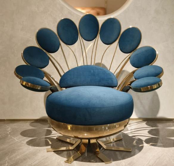 Peacock chair decorative furniture blue gold accent luxury bohemian hospitality commercial design boutique hotel restaurant statement