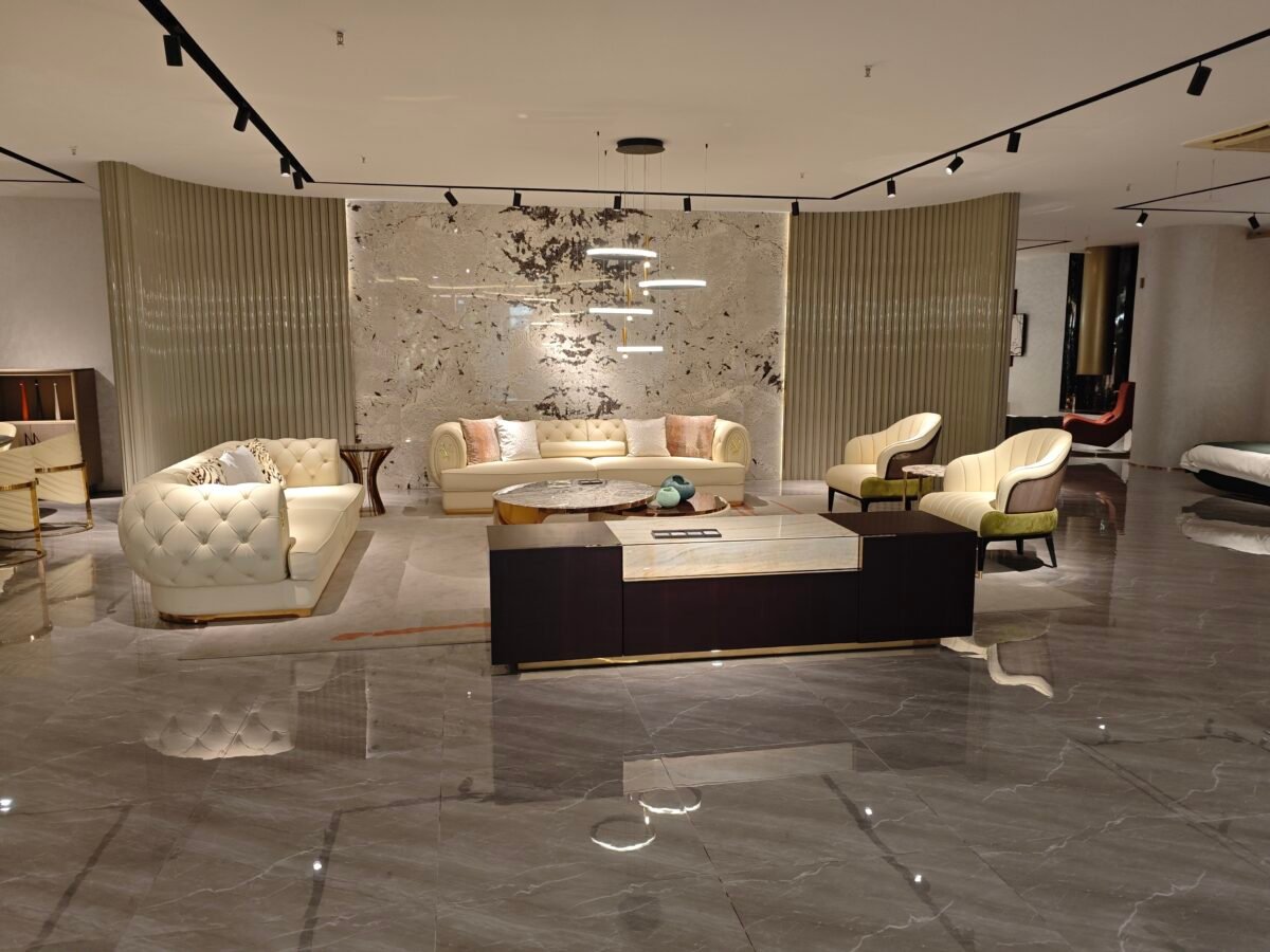 Contemporary sideboard console installed in luxury hospitality suite with designer storage credenza styling