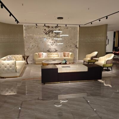 Contemporary sideboard console installed in luxury hospitality suite with designer storage credenza styling