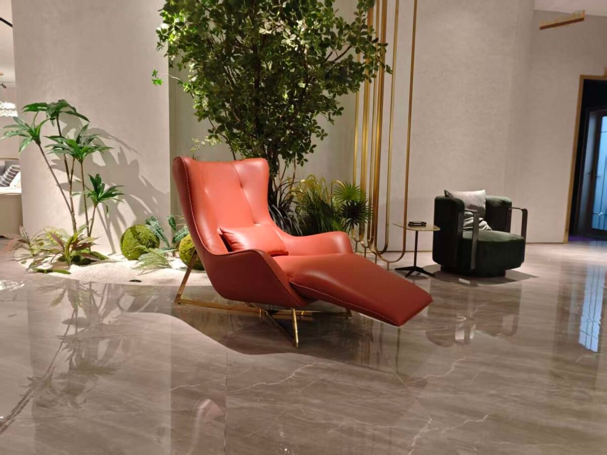 Brown leather recliner chair multiple angles views reclined position mechanism dimensions specification commercial hospitality furniture contract