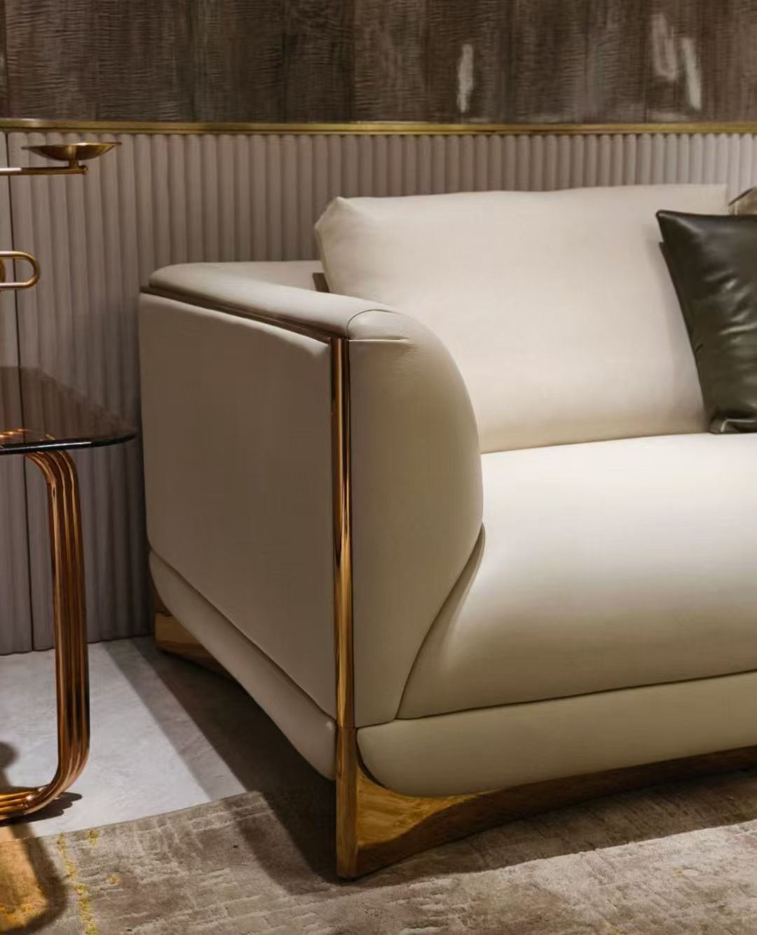 Modular sofa material tiers close up matte fabric genuine leather full leather texture detail hospitality furniture quality comparison commercial