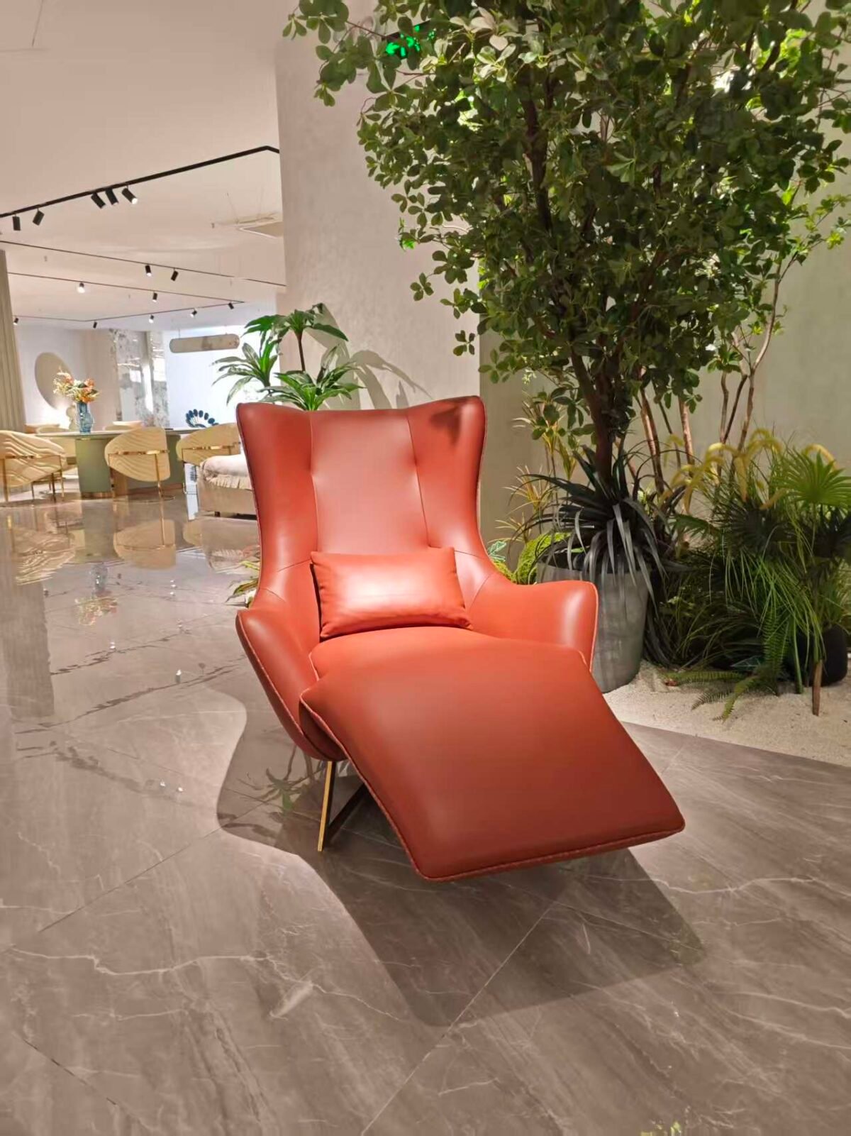 Brown leather recliner chair multiple angles views reclined position mechanism dimensions specification commercial hospitality furniture contract