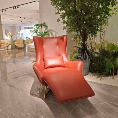 Brown leather recliner chair multiple angles views reclined position mechanism dimensions specification commercial hospitality furniture contract