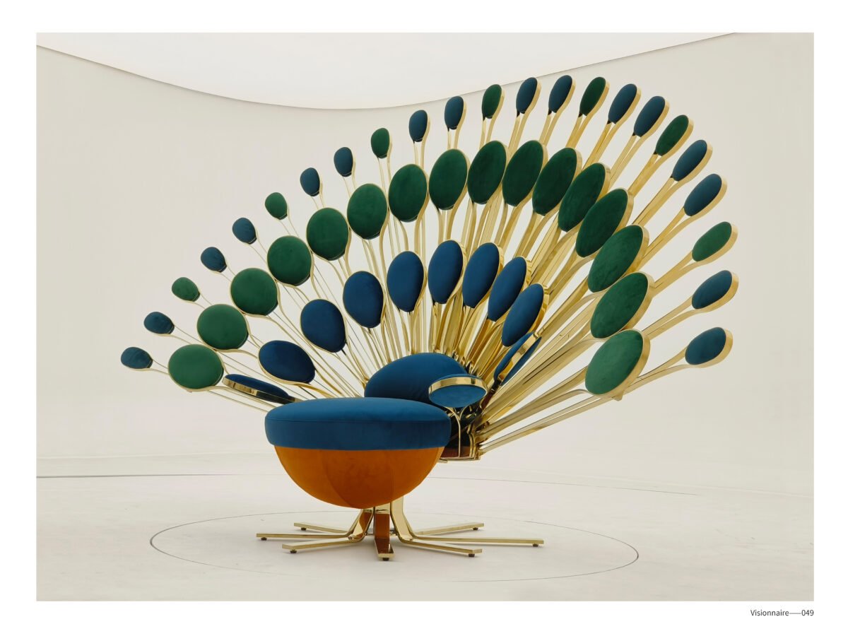 Peacock chair decorative furniture boutique hotel lobby interior blue gold bohemian luxury hospitality design eclectic contemporary social media