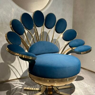 Blue gold fabric close up texture peacock chair detail decorative upholstery hardware gold leg finish commercial hospitality furniture