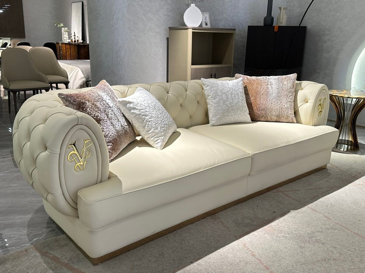 White leather sofa gold trim multiple angles 3 seater 4 seater dimensions brass detail specification commercial hospitality furniture contract