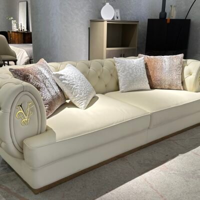 White leather sofa gold trim multiple angles 3 seater 4 seater dimensions brass detail specification commercial hospitality furniture contract