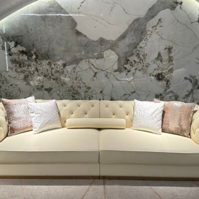 White leather sofa gold trim luxury brass accent hospitality furniture full genuine leather commercial design boutique hotel presidential suite