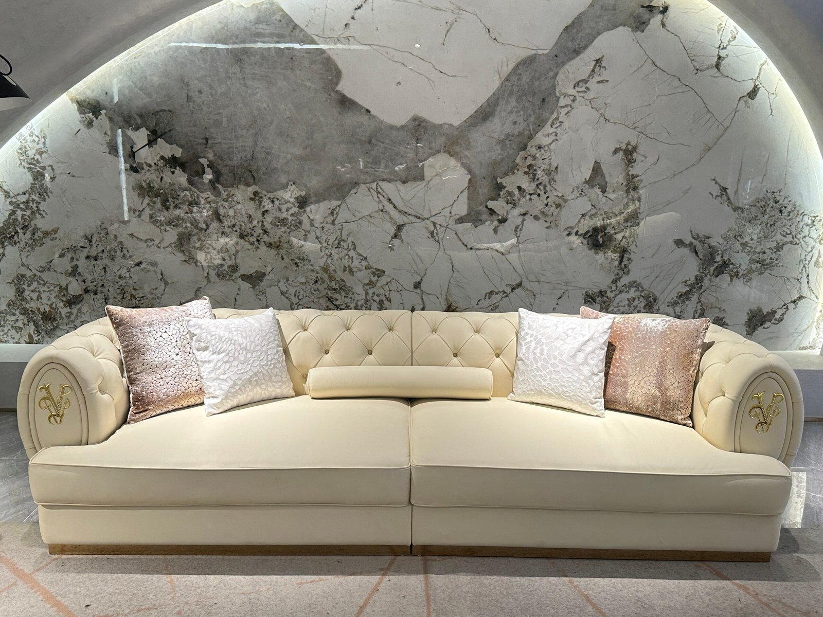 White leather sofa gold trim luxury brass accent hospitality furniture full genuine leather commercial design boutique hotel presidential suite