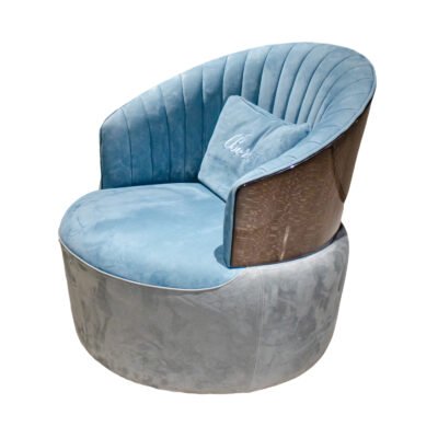 Blue leather armchair matte genuine leather luxury wood base hospitality furniture boutique hotel commercial design contemporary chair