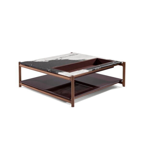 Cosmic black marble coffee table with red oak frame and storage hero shot walnut matte lacquer living room 110cm
