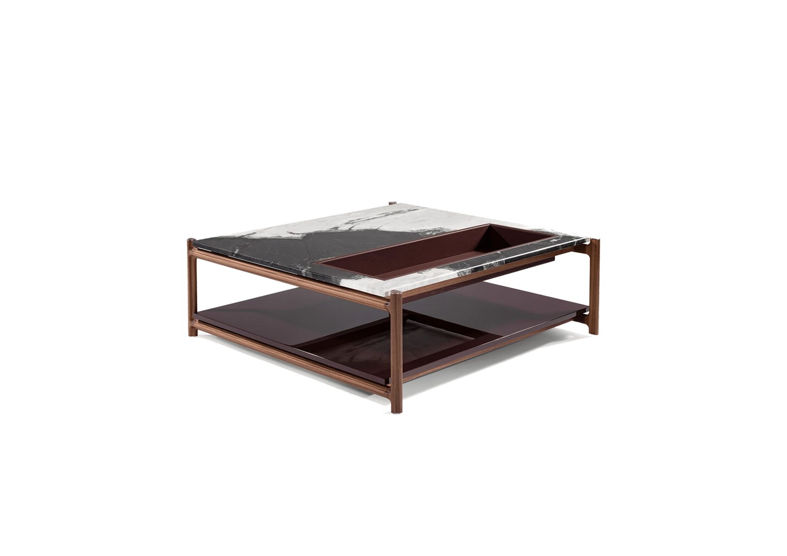 Cosmic black marble coffee table with red oak frame and storage hero shot walnut matte lacquer living room 110cm