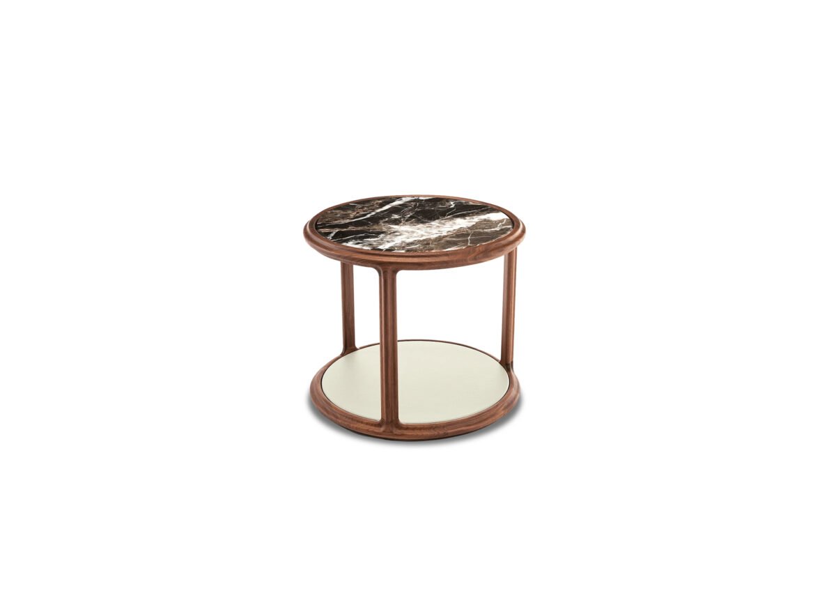 Panda white marble round side table red oak frame tall and low set hero shot walnut matte finish living room