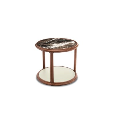 Panda white marble round side table red oak frame tall and low set hero shot walnut matte finish living room