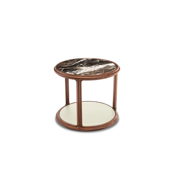 Panda white marble round side table red oak frame tall and low set hero shot walnut matte finish living room