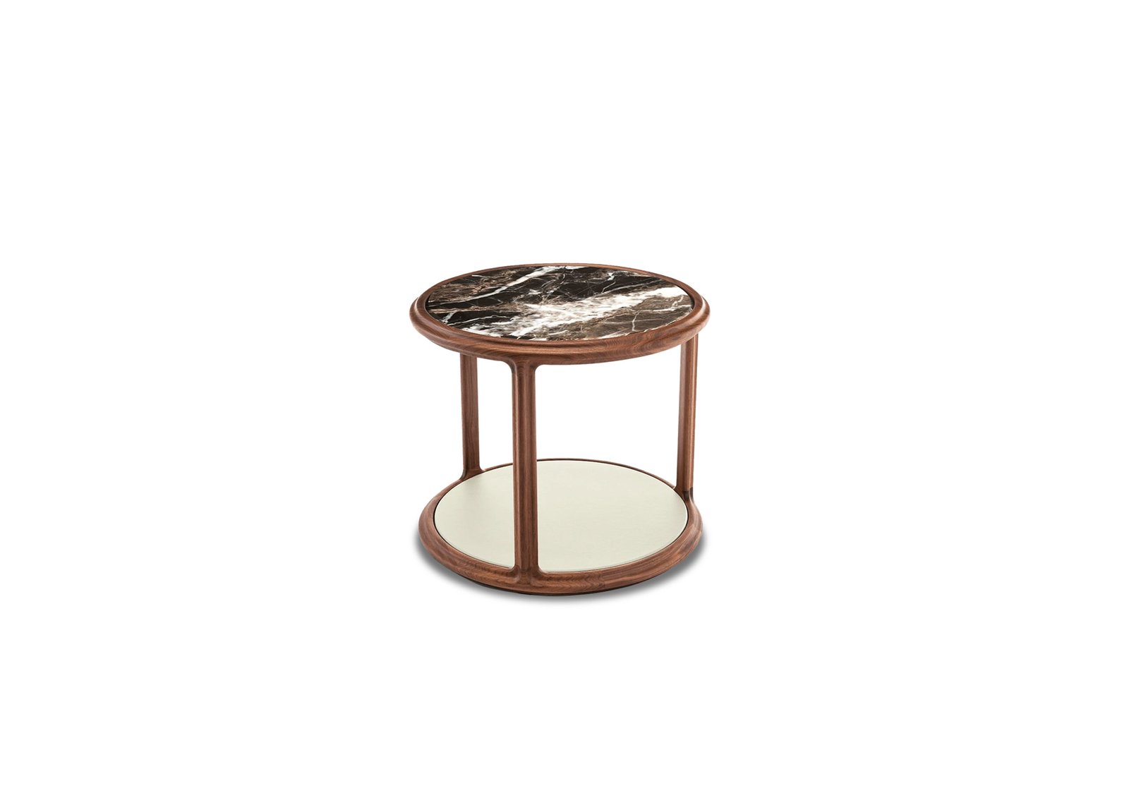 Panda white marble round side table red oak frame tall and low set hero shot walnut matte finish living room